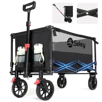 Abbildung von Sekey XXL Bollerwagen Faltbar mit Bremsen 160L 150KG Belastbar, Faltbarer Geländetauglich, Klappbarer Handwagen Strand Camping Einkaufen, Sieger 3011, Schwarz Grau