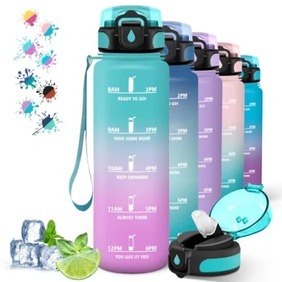 Abbildung von Trinkflasche, Wasserflasche 1l, Trinkflasche Sport mit Zeitmarkierung, Strohhalm, für Kohlensäurehaltige Getränke, Kann Dir Tragen, Fitness, Camping, Running