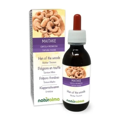 Abbildung von Maitake oder Klapperschwamm (Grifola frondosa Polyporus frondosus) Pilz Alkoholfreier Urtinktur Naturalma Flüssig Extrakt Tropfen 120 ml Nahrungsergänzungsmittel Veganer