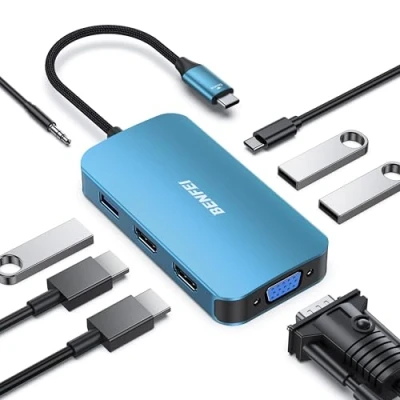 Abbildung von BENFEI USB C MST HUB Docking Station 8 in 1, mit 2*HDMI/1*VGA/3*USB 3.0/100W Power Delivery/3.5mm Aux Audio, kompatibel iPhone 15 Pro/Max MacBook Pro/Air 2023 iPad Pro iMac S23