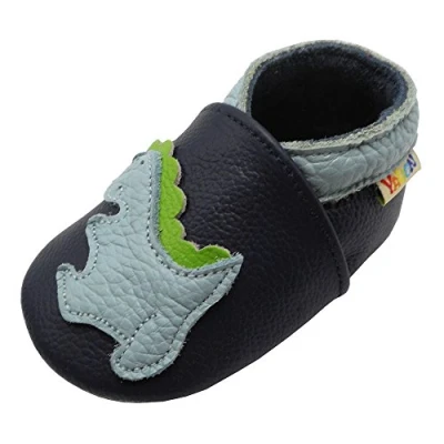 Abbildung von YALION Premium Weich Leder Babyschuhe Krabbelschuhe Lauflernschuhe Hausschuhe mit Dinosaurier Marineblau, EU 24/25=XL