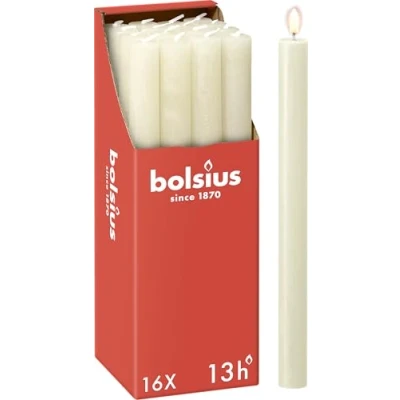 Abbildung von Bolsius Rustik Stabkerzen Elfenbein 16 Stück 27 x 2.3 cm Länge Brenndauer 13 Stunden Unparfümierte Enthält Natürliches Pflanzenwachs Ohne Palmöl Ostern