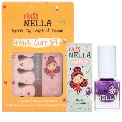 Abbildung von Miss Nella NAGELKIT &amp; NAGELLACK Zubehörset für Kinder + abziehbarer Nagellack, Nagelaufkleber, Tattoos, Nagelfeile Zehenspreizer speziell gefertigt Kinderhände und Füße