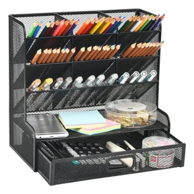 Abbildung von Marbrasse Netz Schreibtisch Organizer,Multifunktionaler Stiftehalter,Organizer Schreibtisch,Aufbewahrungs Regal für Schul und Heim Büro Bedarf (Schwarz mit Schublade)