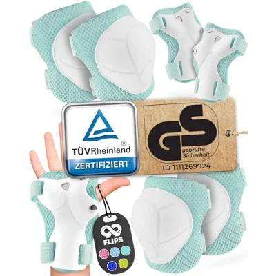 Abbildung von 99FLIPS Knieschoner Kinder 3 Jahre Schoner Inliner TÜV Rheinland GS Siegel [6er Set] FLASH S/M Mint Protektoren Knieschützer Knie und Ellenbogenschützer