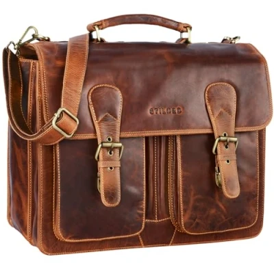 Abbildung von STILORD &#039;Karl&#039; Aktentasche Herren Lehrertasche Bürotasche Laptoptasche Umhängetasche XL Businesstasche Vintage groß aus echtem Leder, Farbe:kara cognac