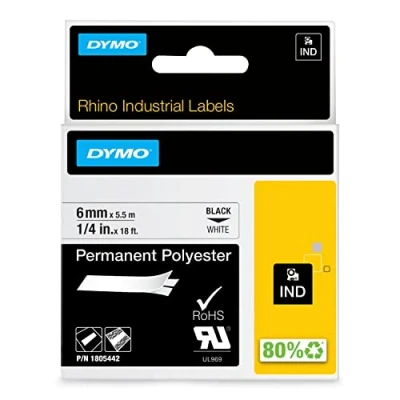 Abbildung von DYMO Rhino Industrie Permanente Polyesteretiketten 6 mm x 5,5 m Schwarz auf Weiß selbstklebendes Schriftband für und LabelManager Beschriftungsgerät