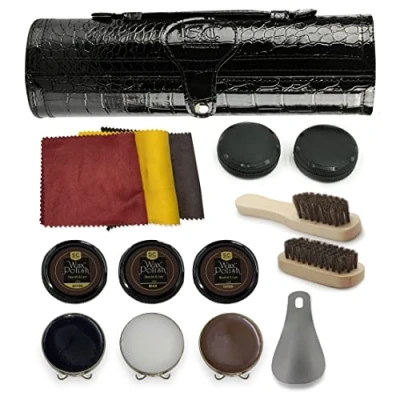 Abbildung von Stone and Clark 12 teiliges Schuhcreme &amp; Pflegeset aus Leder mit braunem Wachs, Schuhbürsten zum Polieren, kompaktes Schuhputzset Rosshaarbürsten PU, Schwarz strukturiert.