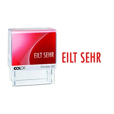 Abbildung von COLOP Printer 20 Text Stempel EILT SEHR, Abdruck rot, für sofortigen Einsatz. Fertigstempel mit Lagertext und rotem Kissen