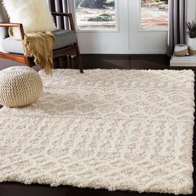 Abbildung von Surya Dubai Shaggy Berber Teppich Flauschiger für Wohnzimmer, Esszimmer, Schlafzimmer, Langflor Hochflor Weiss flauschig groß 160x220 cm, Wohnzimmerteppich in Creme