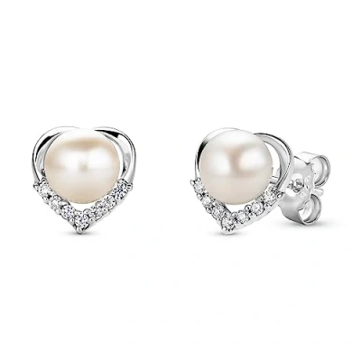 Abbildung von Orovi Schmuck Damen Herz Perlen Ohrstecker mit runden weißen Süßwasser Zuchtperlen umgeben von Zirkonia in Brillantschliff Zeitlose klassische Ohrringe aus 925 Sterling Silber