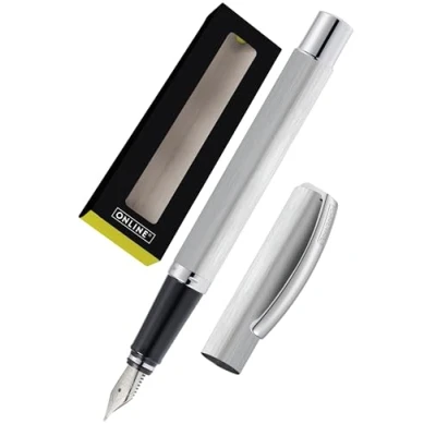Abbildung von ONLINE Füller Vision Silver I Eleganter Füllfederhalter mit Iridium Feder M Für Standard Tintenpatronen &amp; Konverter Matt gebürstete Aluminium Oberfläche silberner Füllhalter in Geschenkbox