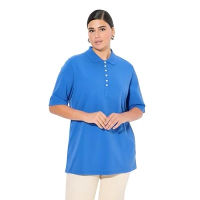 Abbildung von Ulla Popken Damen Poloshirt, Piqué, Polokragen, Samt Knopfleiste, Halbarm T Shirts, Pflaumenblau, 46 48 EU