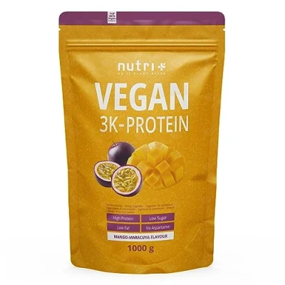 Abbildung von Nutri + Proteinpulver Vegan Mango &amp; Maracuja 1 kg 82% Eiweiß 3k plant based Eiweißpulver Veganes Protein Pulver 1000 g Mehrkomponenteneiweiß