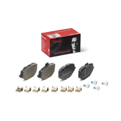 Abbildung von BREMBO P 50 168 Bremsbelagsatz für Verschleißwarnanzeiger vorbereitet mit Anti Quietsch Blech, Bremssattelschrauben Zubehör