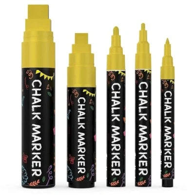 Abbildung von Chalkola 5 Gold Kreidestifte für Tafel &amp; Fenster Von 1mm fein bis 15mm dick Ideal als Kreidestift, Kreidemarker, Tafelstift, Folienstift, Glasmalstifte Fensterstifte Feucht abwischbar