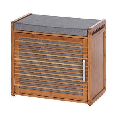 Abbildung von WENKO Schuhschrank Mod. Bahari mit bequemer gepolsterter Sitzfläche in Grau und 2 Ablagen für bis zu 4 Paar Schuhe aus robustem Bambus Maße 50 x 45 33 cm