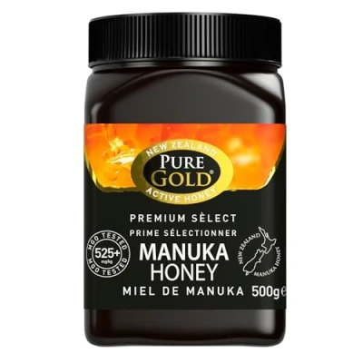 Abbildung von Pure Gold Manuka Honig 525+ 500 g, aus Neuseeland, im Kunststoffbehälter, MBO zertifiziert und nach MPI Standards