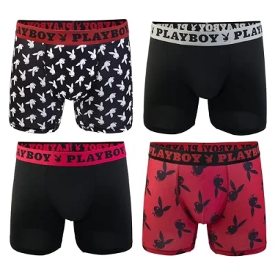 Abbildung von Playboy Herren Sportliche Boxershorts für den täglichen Gebrauch, aus weichem, gebürstetem Stoff, Größen S, M, L und XL, 4 Stück Retroshorts, 4er Pack Bunny Wurf, Small