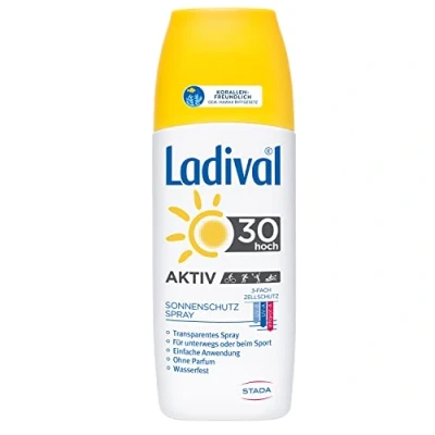 Abbildung von Ladival Aktiv Sonnenschutz Spray LSF 30 Parfümfreies Sonnenspray für unterwegs oder beim Sport ohne Farb und Konservierungsstoffe wasserfest 1 x 150 ml