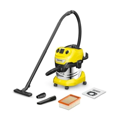 Abbildung von Kärcher WD 4 P S V 20/5/22 Nass &amp; Trockensauger, 20 l Edelstahlbehälter, 1000 W, 5 m Kabel, 2,2 Saugschlauch, mit Gerätesteckdose, Clips Bodendüse, „Pull Push“ Verschlusssystem, Gelb