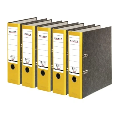 Abbildung von Original Falken 5er Pack Recycling Ordner Wolkenmarmor. Made in Germany. 8 cm breit DIN A4 gelber Rücken Ringordner Aktenordner Briefordner Büroordner Pappordner CO2 Neutral Blauer Engel