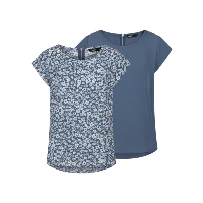 Abbildung von ONLY Damen Top ONLVIC 2er Pack Basic Shirt Rundhals Regular Fit Bluse Kurzarm Oberteil Reißverschluss Muster Sommer Blau 44, Größe:44, Farbe:Vintage Indigo (15284243)