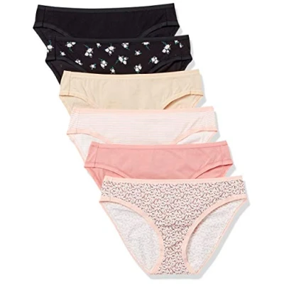 Abbildung von Amazon Essentials Damen Bikinihose aus Baumwolle (in Übergröße erhältlich), 6er Pack, Floral/Mehrfarbig/Ministreifen/Streublumen, 44