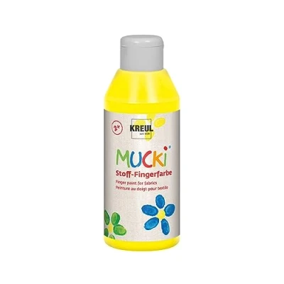 Abbildung von KREUL 28402 Mucki leuchtkräftige Stoff Fingerfarbe, 250 ml in gelb, auf Wasserbasis, parabenfrei, glutenfrei, laktosefrei und vegan, optimal für die Anwendung mit Fingern Händen