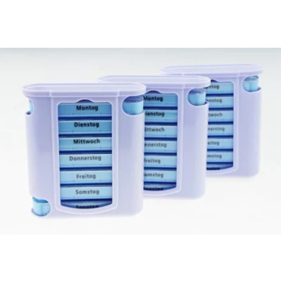 Abbildung von KAMACA 3 er Pack (= Stück) praktischer Medikamentendosierer 21 Tage mit 4 Fächern pro Tag, Pillendose,Pillenbox, Tablettenbox, Wochendosierer (3er Set Wochen)