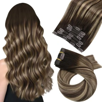 Abbildung von [Spielraum]Moresoo Clip in Extensions Echthaar Balayage Remy Doppelt Tressen Extenions Ombre Dunkelbraun mit Karamellblond Haarverlängerung Voller Kopf 7pcs 120g 45 cm