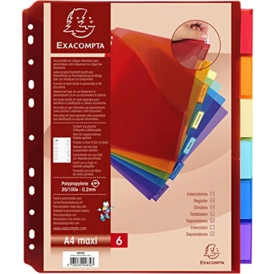 Abbildung von Exacompta 4834E Premium Register mit Tasche für DIN A4 MAXI aus langlebigem Kunststoff 6 teilig volle Höhe 25 x 30 cm vollfarbig Farben Etikettenbogen zum Beschriften Trennblätter