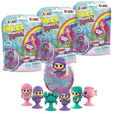 Abbildung von INKEE SURPRISE MERMAID 3er Set Kinder Badebomben mit Überraschung, 3x Magische Badekugeln Meerjungfrauen Spielfiguren im Inneren, Erdbeerduft