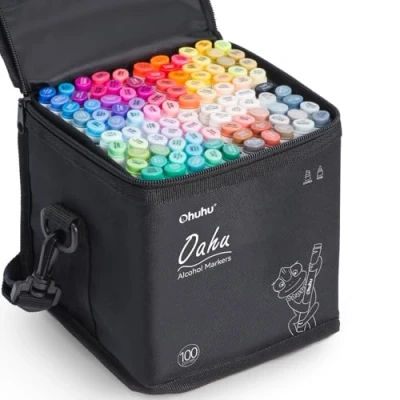 Abbildung von Ohuhu Marker Stifte, 100 Farben Stiften Pen verdoppelt spitzt Kunst Sketch Twin Stifte mit Tragetasche für Malerei Coloring Hervorhebungen Unterstreichunge