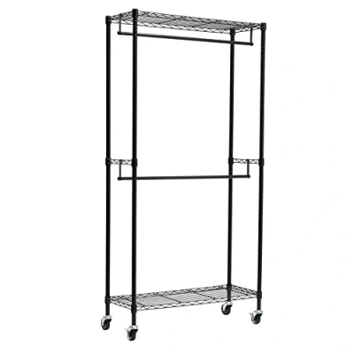 Abbildung von Amazon Basics Doppel Kleiderstange Offen mit Rädern und Höhenverstellbaren Regalen Maximalgewicht 181 kg, Schwarz, 91.0 x 35.5 183.0 cm (L W H)