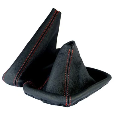 Abbildung von L &amp; P Car Design L&amp;P A182 Schaltsack Schaltmanschette + Handbremsmanschette kompatibel mit BMW 3er e46 100% Echtleder Leder Schwarz Naht Rot