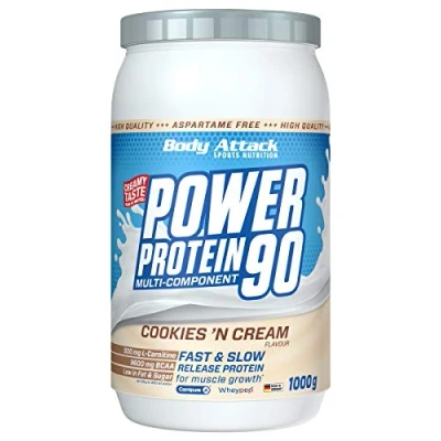 Abbildung von Body Attack POWER Protein 90 Cookies N Cream 1kg Dose Mehrkomponenten Pulver, Made in Germany Mit BCAA, Vitaminen &amp; L Carnitin Shake extra cremiger Geschmack