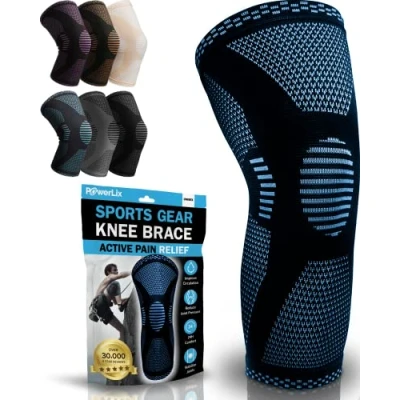 Abbildung von POWERLIX Kniebandage für Damen/Männer, Kompression Kniestütze Meniskusriss, Arthritis, Linddert Kniescherzen, ACL, Laufen, Gewichtheben, Basketball, Volleyball, Sport, Hellblau, M