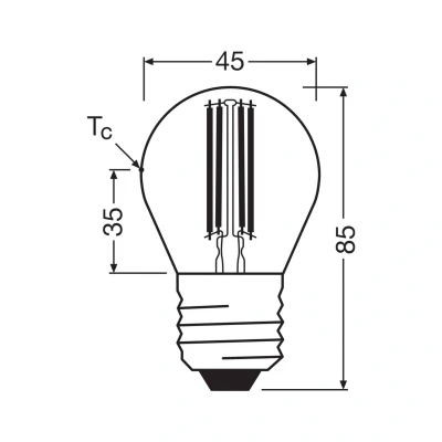 Abbildung von Osram LED Superstar Classic Lampe P 40 in klassischer Miniballform, klarer Glaskörper, 2.2 W, 470 lm, E27 Fassung, warmweißes Licht mit 2700 K, EEK A, 45 mm Durchmesser.