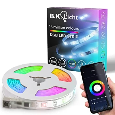 Abbildung von B.K.Licht I Wifi RGBIC LED Strip 5 m USB App Steuerung Musiksensor Lichtleiste Lauflicht Streifen kompatibel mit Alexa Smartes Band selbstklebend
