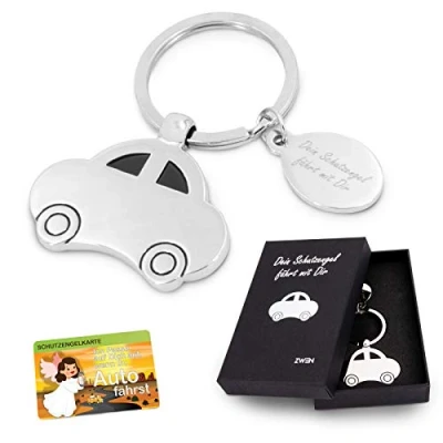 Abbildung von ZWEN Auto Schlüsselanhänger Schutzengel Gravur mit Geschenkbox + Schutzengelkarte I Glücksbringer silber glänzend als Talisman für fahrer &amp; Geschenk zum Führerschein