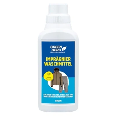 Abbildung von Green Hero Textil Waschimprägnierung Imprägniermittel für Funktionstextilien und Outdoortextilien wie Gore Tex Sympatex Waschmaschine oder Handwäsche Einwaschimprägnierung 500ml