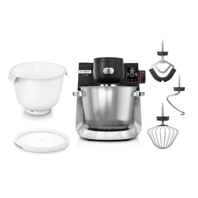 Abbildung von BOSCH Küchenmaschine »Serie 6 MUMS6ZS18, 2 Schüsseln (Edelst/Kunstst), integr Waage, schwarz«, Automatikprogramme, Deckel, Knethaken/Rühr /Silikonbesen spülm.fest