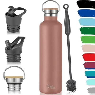 Abbildung von Milu Edelstahl Trinkflasche 350ml 500ml 750ml 1000ml (+3 Deckel) Thermosflasche mit Strohhalm, Isolierte Wasserflasche, Auslaufsichere Isolierflasche doppelwandig (Rose Gold, 1000ml)