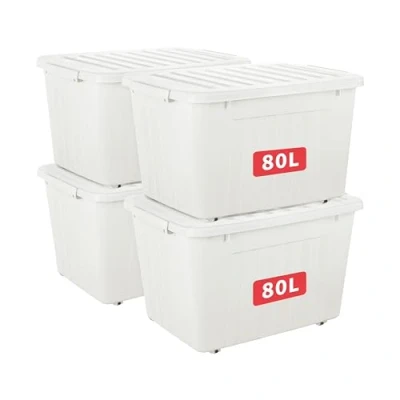 Abbildung von Cetomo 80L*4 Aufbewahrungsboxen mit Deckeln, Kunststoff Aufbewahrungsbox Rollen und Clips, Kunststoffbox für Zuhause Büro, BPA frei, Nestbar, Stapelbar, Weiß, 80L 4er Pack