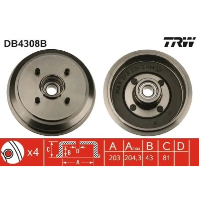 Abbildung von TRW DB4308B Bremstrommel mit Lager, ohne ABS Sensorring 223 FORD: Fusion Estate, FIESTA 5, 4, MAZDA: 2 Hatchback