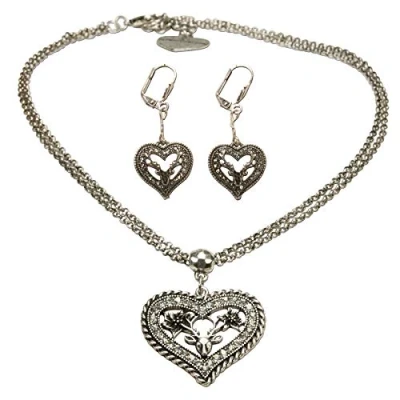 Abbildung von Alpenflüstern Trachtenschmuck Set Trachten Halskette und Ohrstecker Strassherz Hirsch Damen Schmuck, Trachtenset Trachtenkette Ohrringe antik Silber Farben SET041