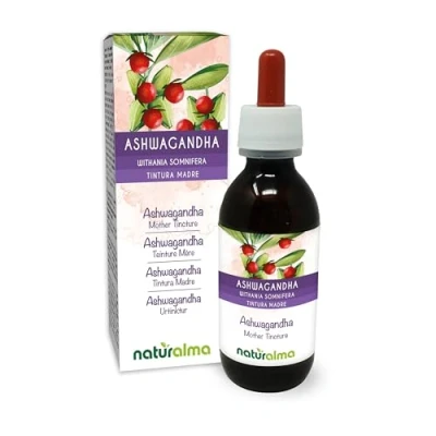 Abbildung von Ashwagandha oder indischer Ginseng (Withania somnifera) Wurzeln Alkoholfreier Urtinktur Naturalma Flüssig Extrakt Tropfen 120 ml Nahrungsergänzungsmittel Veganer
