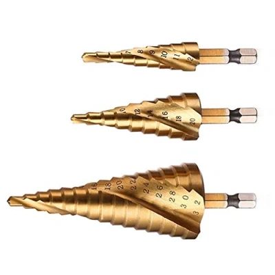 Abbildung von Stufenbohrer Set, Spiral Gerillt, Hochgeschwindigkeitsstahl Titan beschichtet, 4 mm bis 12/20/32 Sechskantschaft, HSS Werkzeug schneiden zum DIY, Kunststoff, Holz, Metall, Aluminium, Kupfer