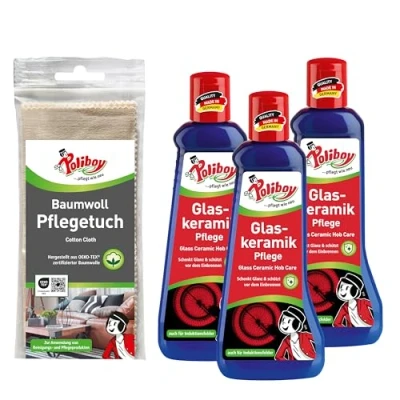 Abbildung von POLIBOY Glaskeramik Pflege Keramikpflege Mit Einbrennschutz Kochfeldreiniger für 3x 200 ml Baumwolltuch Made in Germany